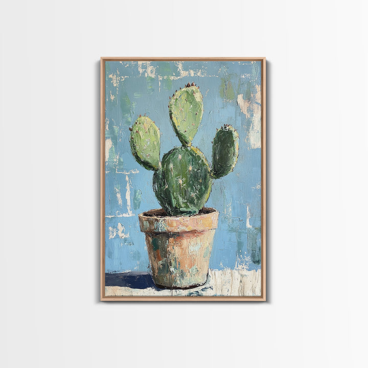 Prickly Pear Cactus In Clay Pot Wall Art, Desert Botanical Canvas Print, Southwest Decor, Plant Lover Housewarming Gift Idea