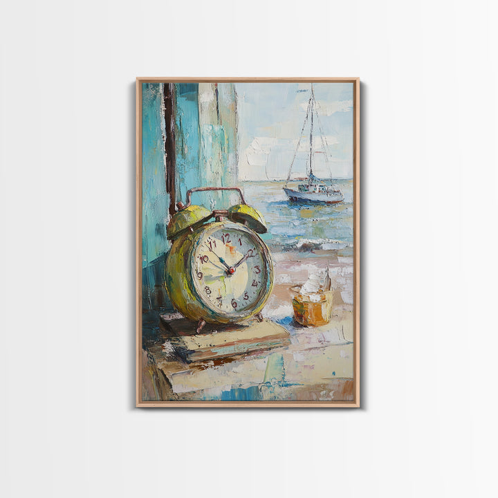 Nautical Alarm Clock Still Life Framed Canvas Print, Coastal Wall Art, Beach House Decor, Sailboat Ocean Art Print, Nautical Home Decor