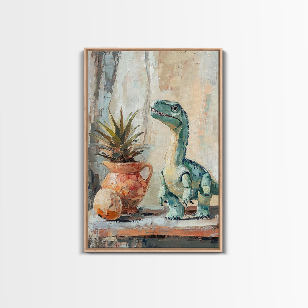 Cute Dinosaur And Potted Plant Canvas Print, Whimsical Animal Wall Art, Kids Room Decor, Nursery Art, Playroom Gift For Child Bedroom