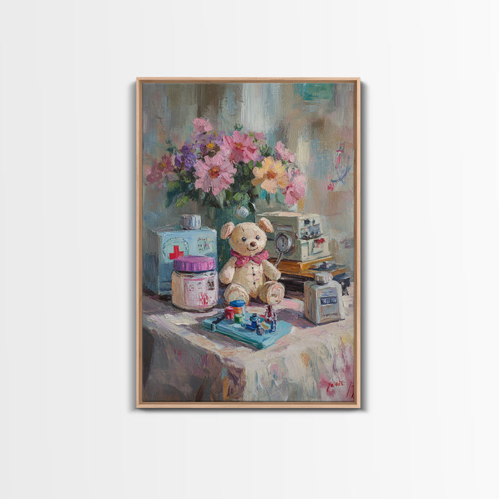 Teddy Bear Medical Kit Still Life Wall Art, Whimsical Nursery Decor, Doctor Office Art, Pediatric Room Canvas Print, Baby Shower Gift