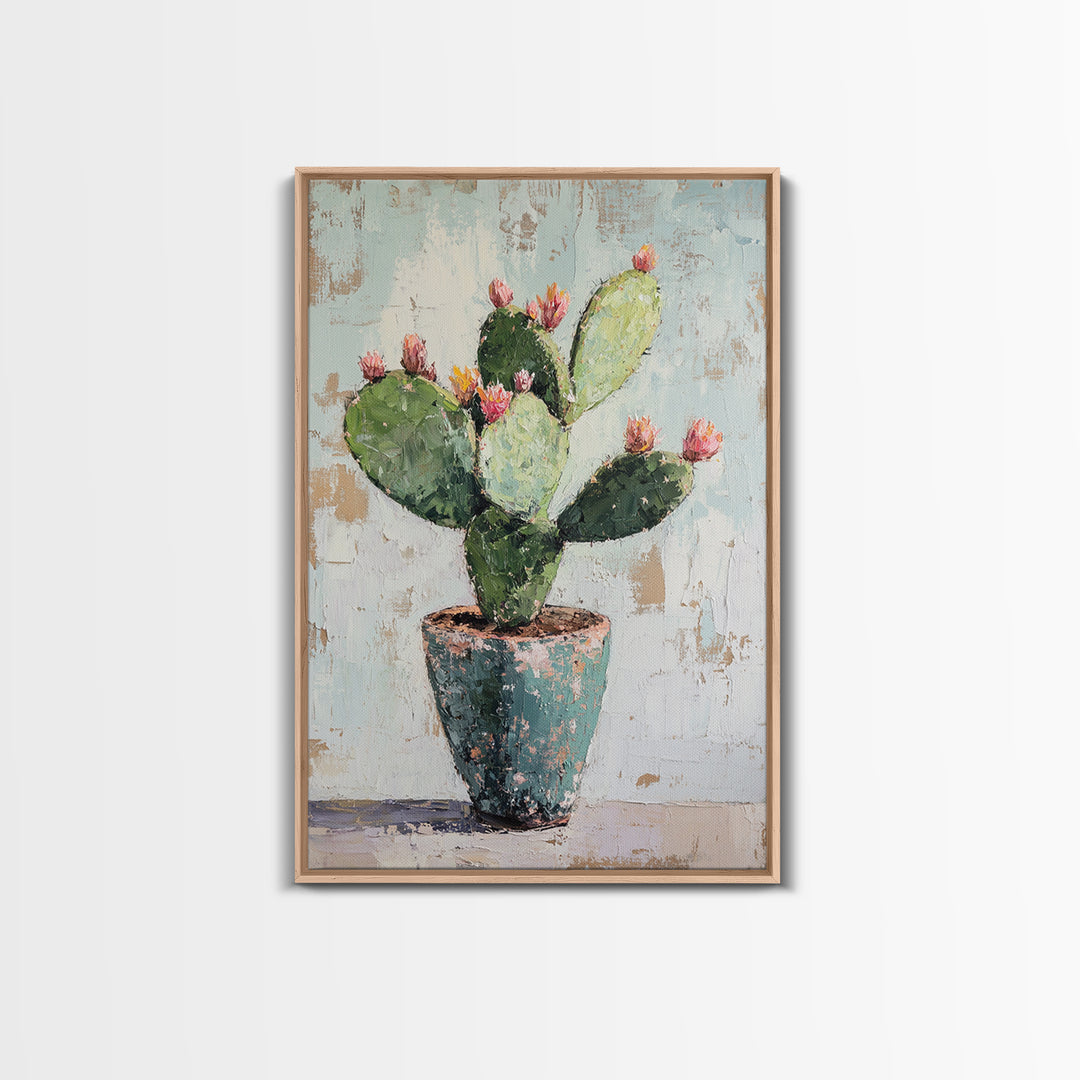 Prickly Pear Cactus In Rustic Pot Canvas Print, Desert Wall Art, Southwest Decor, Botanical Wall Decor, Plant Lover Gift