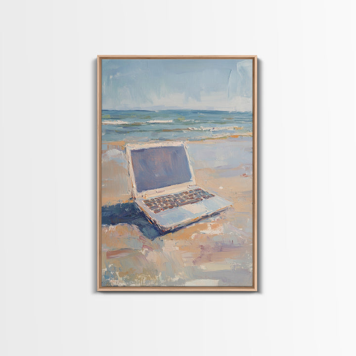 Open Laptop On Sandy Beach Framed Canvas Print, Coastal Wall Art, Remote Work Office Decor, Ocean Landscape Art Print, Beach House Decor