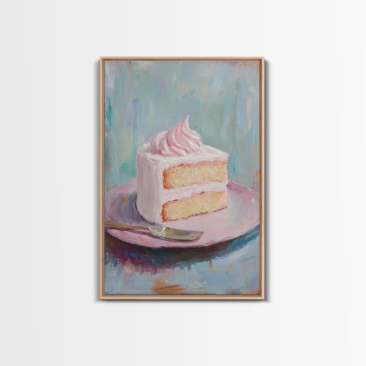 Pink Frosted Cake Slice On Plate Wall Art, Bakery Art Print, Kitchen Wall Art, Cute Kitchen Decor, Dessert Art, Gift For Her