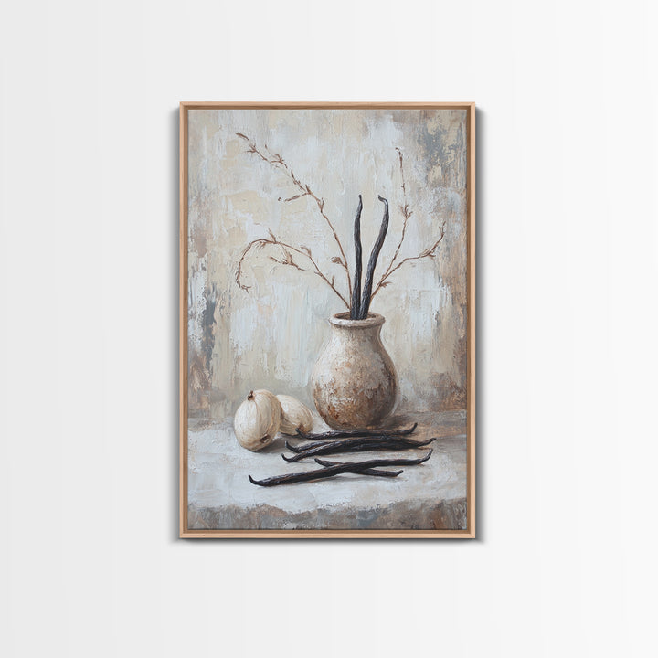 Rustic Vanilla Bean And Garlic Still Life Wall Art, Neutral Kitchen Decor, Farmhouse Canvas Print, Dining Room Art, Gift For Foodie