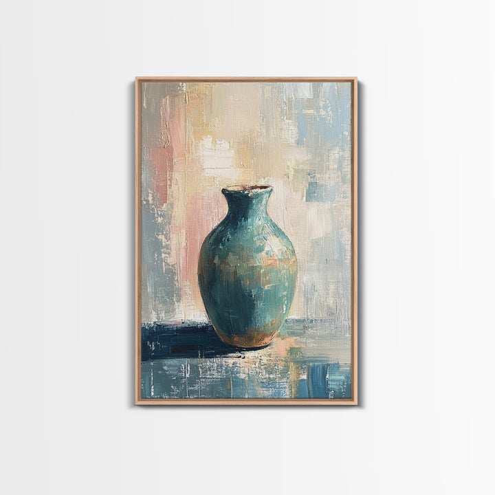 Turquoise Ceramic Vase Canvas Print, Modern Still Life Painting, Teal Wall Decor, Minimalist Art, Living Room Decor, Home Decor