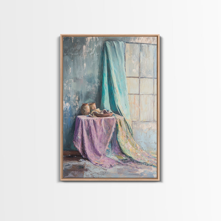 Turquoise Draped Fabric Still Life Wall Art, Soft Pastel Table Scene, Contemporary Canvas Print, Living Room Wall Decor, Home Decor