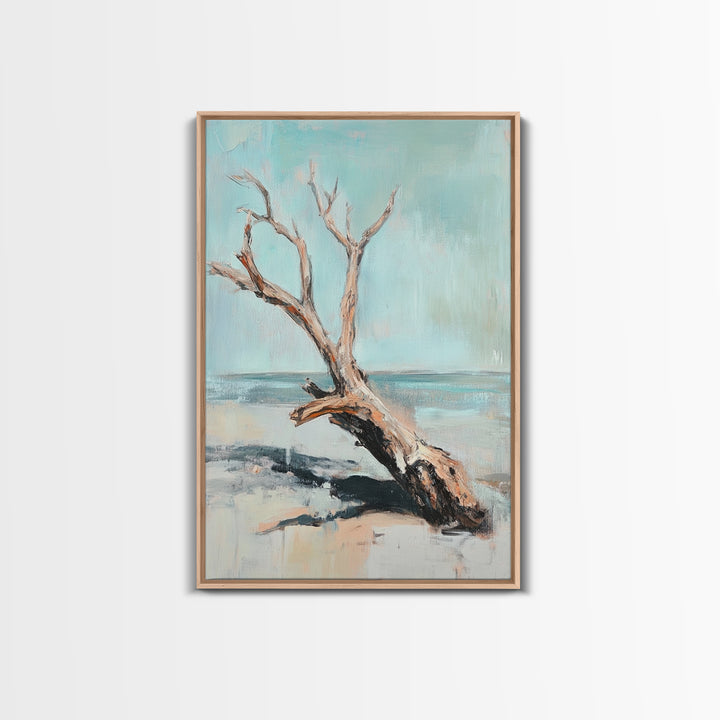Weathered Driftwood On Quiet Beach Canvas Print, Coastal Wall Art, Minimalist Seascape Decor, Neutral Ocean Landscape Art