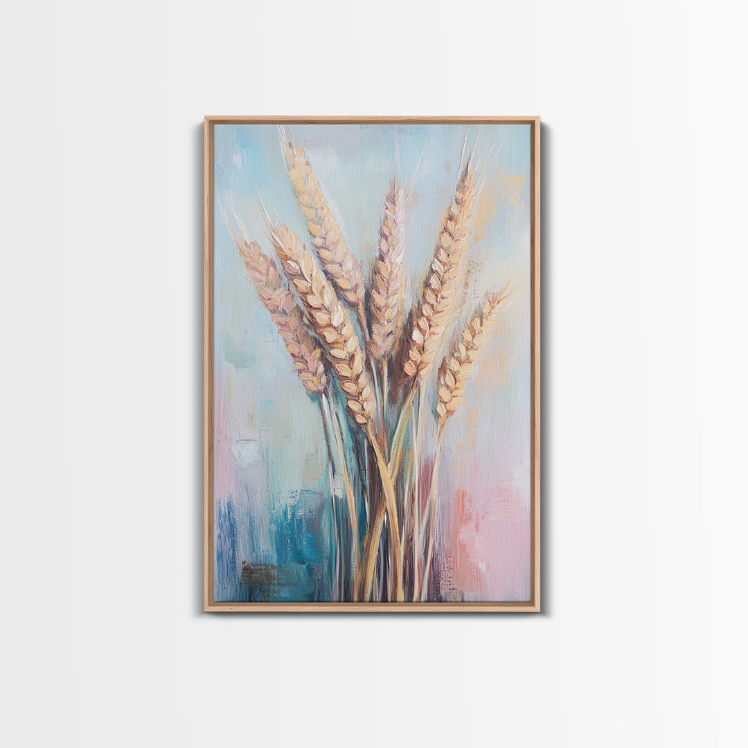 Golden Wheat Stalks In Soft Pastel Light Framed Canvas Print, Rustic Farmhouse Wall Art, Country Kitchen Decor, Housewarming Gift