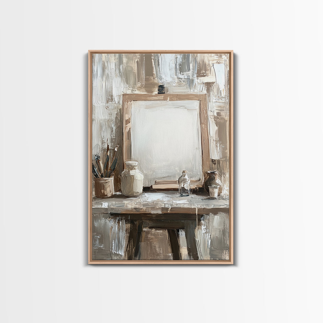 Neutral Artist Studio Easel And Paintbrushes Framed Canvas Print, Minimalist Office Wall Art, Rustic Home Decor For Creative Spaces