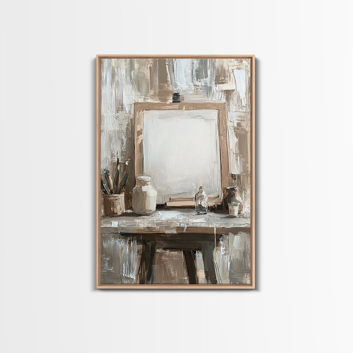 Neutral Artist Studio Easel And Paintbrushes Framed Canvas Print, Minimalist Office Wall Art, Rustic Home Decor For Creative Spaces