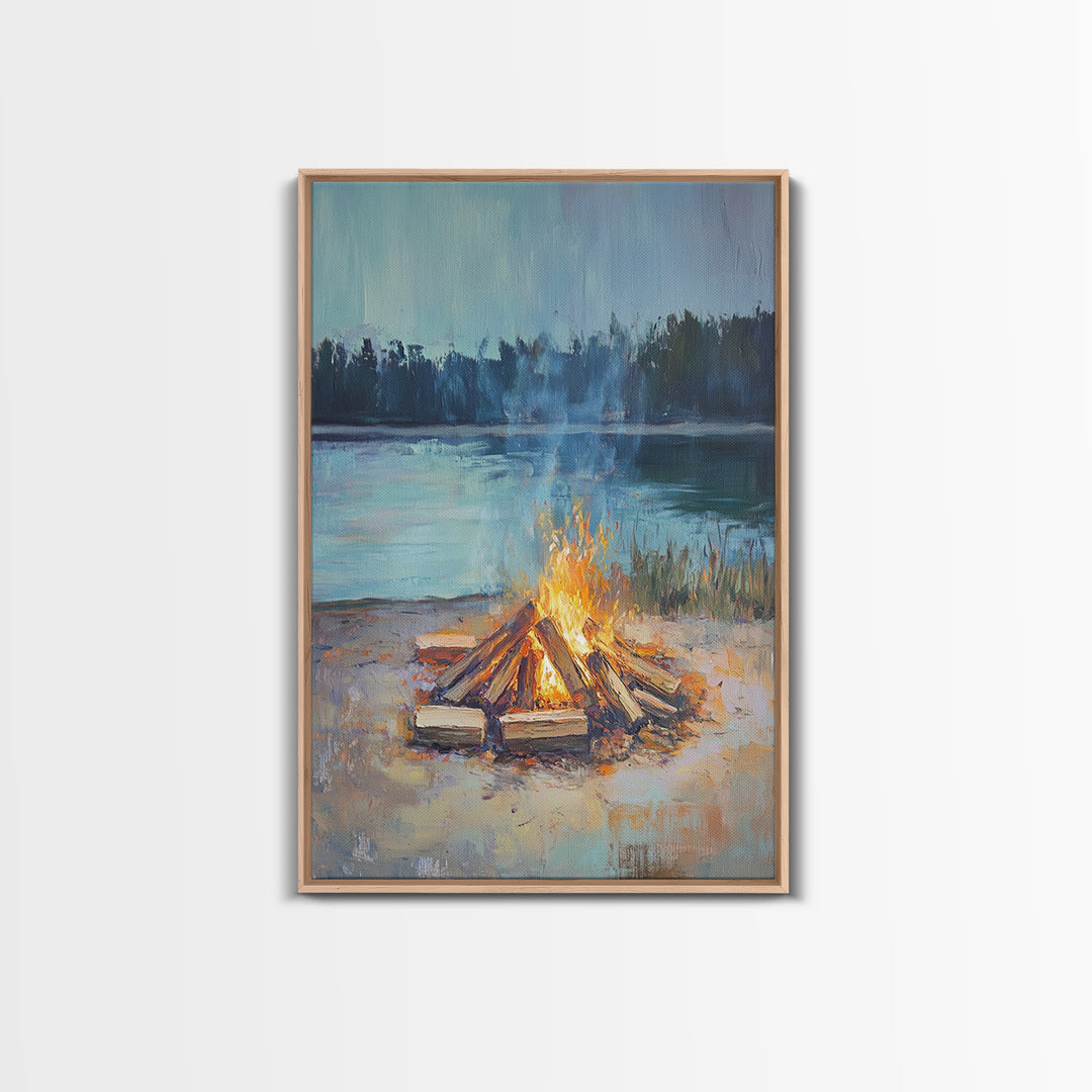 Lakeside Campfire At Dusk Wall Art, Rustic Cabin Decor, Cozy Nature Print, Lake House Canvas, Housewarming Gift, Living Room Decor