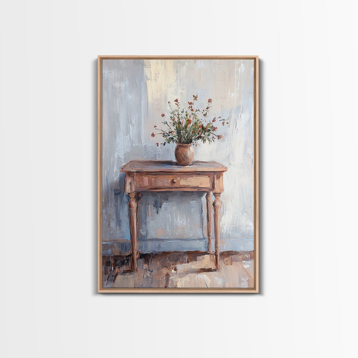 Rustic Console Table With Wildflower Vase Wall Art, Neutral Farmhouse Canvas Print, Entryway Living Room Wall Decor, Home Decor