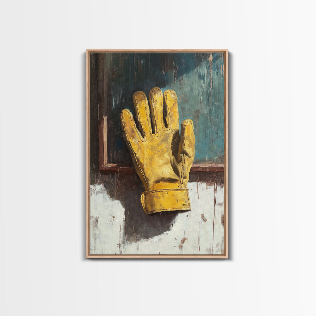 Yellow Work Glove On Rustic Chalkboard Wall Art, Industrial Garage Canvas Print, Tool Room Man Cave Wall Decor, Gift For Him