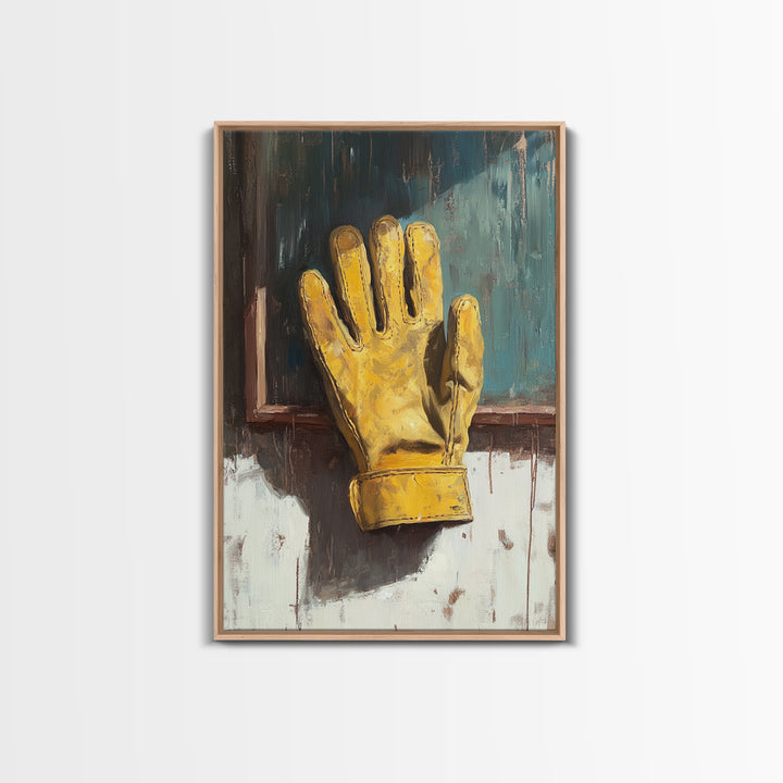 Yellow Work Glove On Rustic Chalkboard Wall Art, Industrial Garage Canvas Print, Tool Room Man Cave Wall Decor, Gift For Him