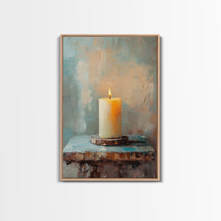 Glowing Ivory Candle On Rustic Table Canvas Print, Calming Still Life Wall Art For Spa Decor, Meditation Room, Cozy Home