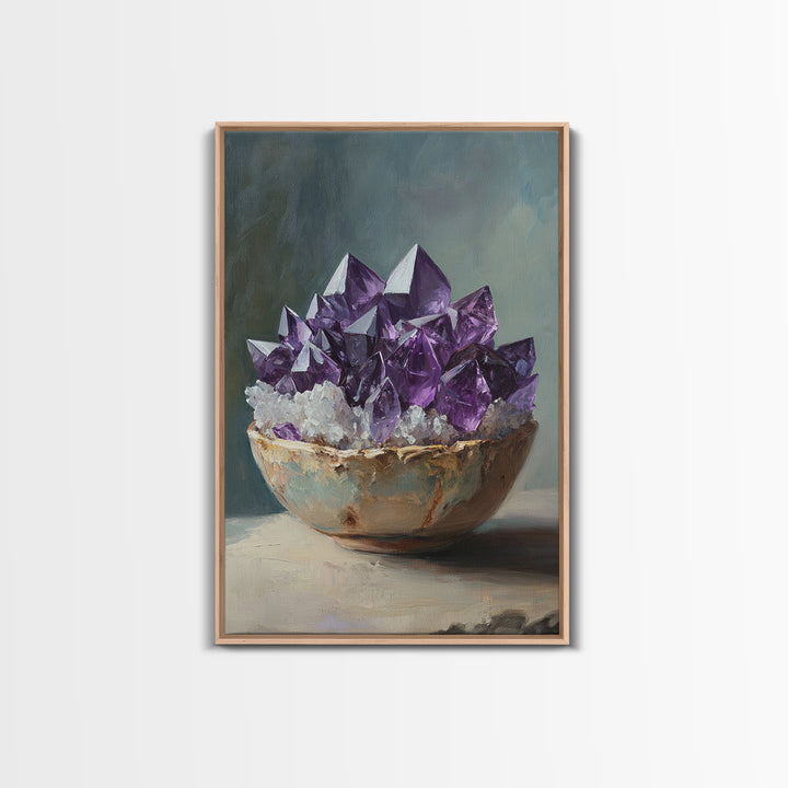 Purple Amethyst Crystals In Rustic Bowl Canvas Print, Crystal Wall Art, Spiritual Decor, Boho Home Decor, Gift For Her, Living Room Decor