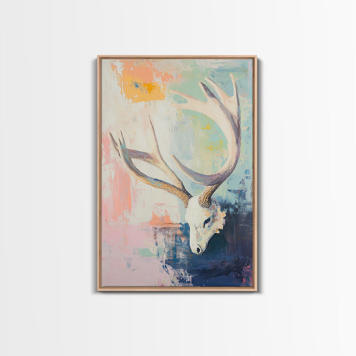 White Deer Skull With Antlers On Pastel Abstract Canvas Print, Western Wall Art, Boho Wall Decor, Rustic Cabin Home Decor