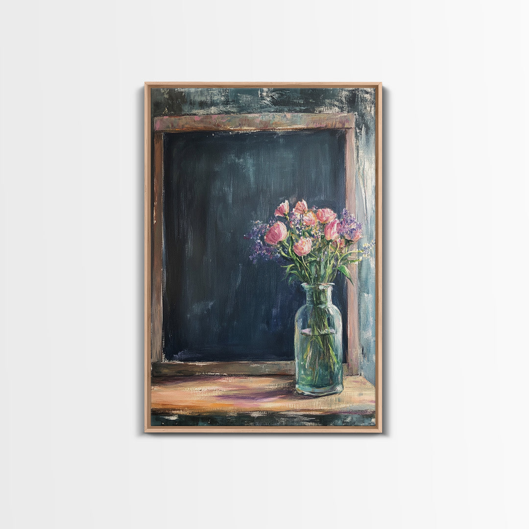 Chalkboard With Pink Flowers Wall Art, Rustic Kitchen Decor, Farmhouse Canvas Print, Floral Still Life, Dining Room Print