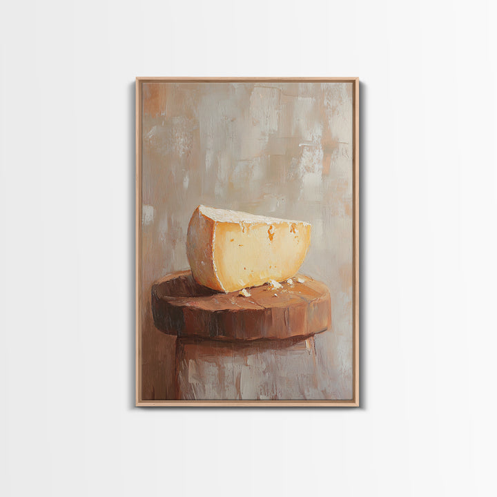 Cheese Wedge On Rustic Stool Canvas Print, Minimalist Kitchen Wall Art, Food Still Life, Farmhouse Decor, Gift For Foodie