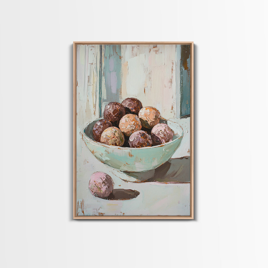 Pastel Bowl Of Chocolate Truffles Wall Art, Kitchen Decor, Food Still Life Painting, Whimsical Bakery Art Print Gift For Her