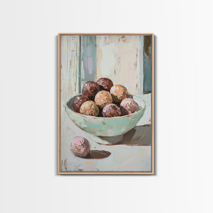 Pastel Bowl Of Chocolate Truffles Wall Art, Kitchen Decor, Food Still Life Painting, Whimsical Bakery Art Print Gift For Her