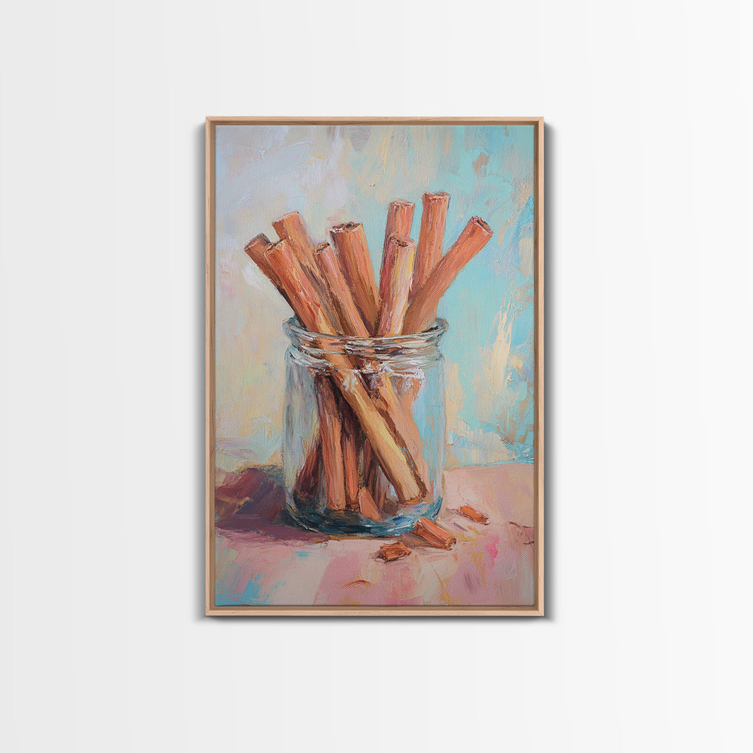 Cinnamon Sticks In Glass Jar Framed Canvas Print, Rustic Kitchen Wall Art, Spice Painting, Farmhouse Home Decor Gift Idea
