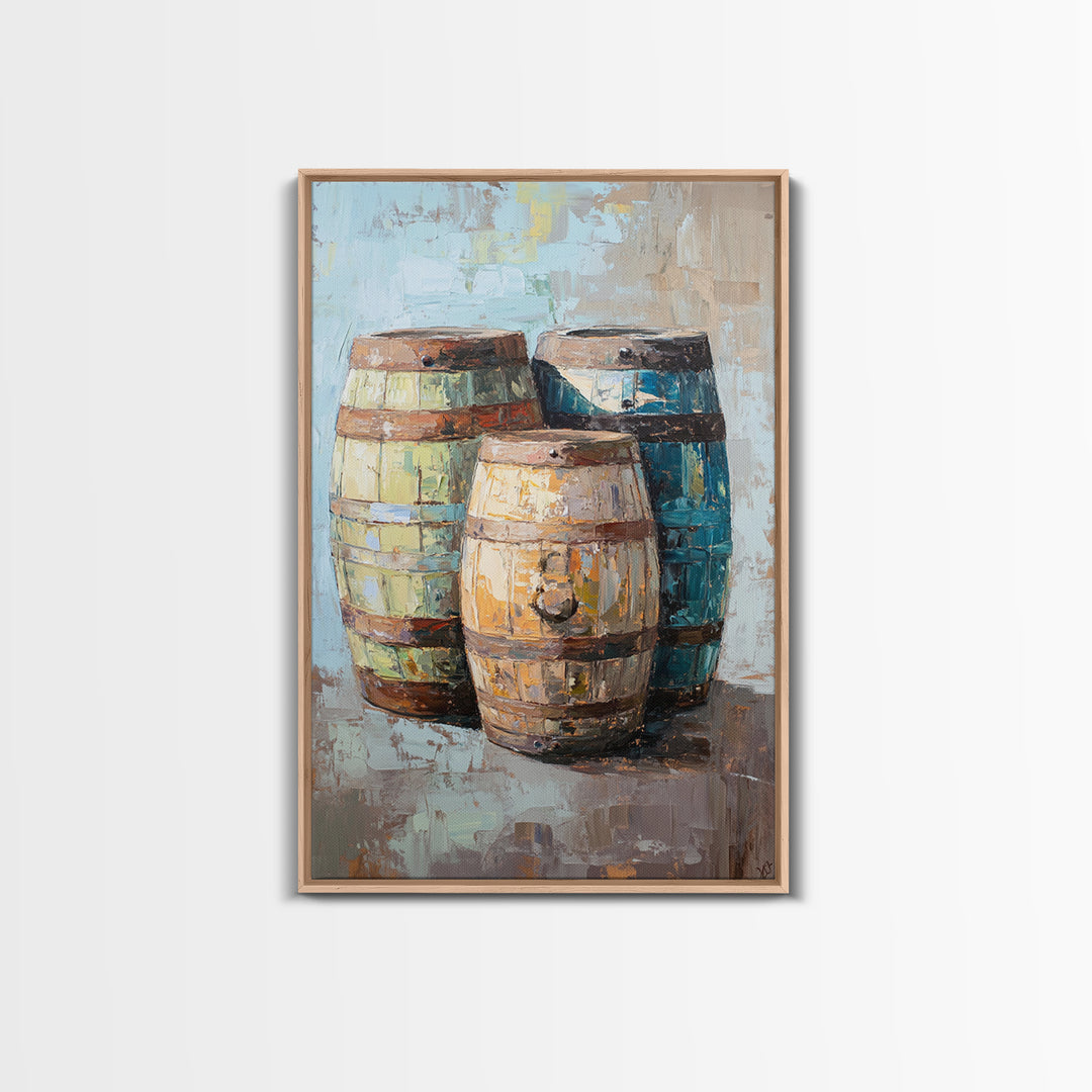 Rustic Wine Barrels Still Life Framed Canvas Print, Winery Wall Art, Home Bar Decor, Farmhouse Kitchen Gift For Him Idea