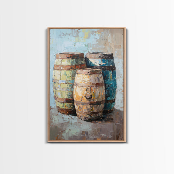 Rustic Wine Barrels Still Life Framed Canvas Print, Winery Wall Art, Home Bar Decor, Farmhouse Kitchen Gift For Him Idea