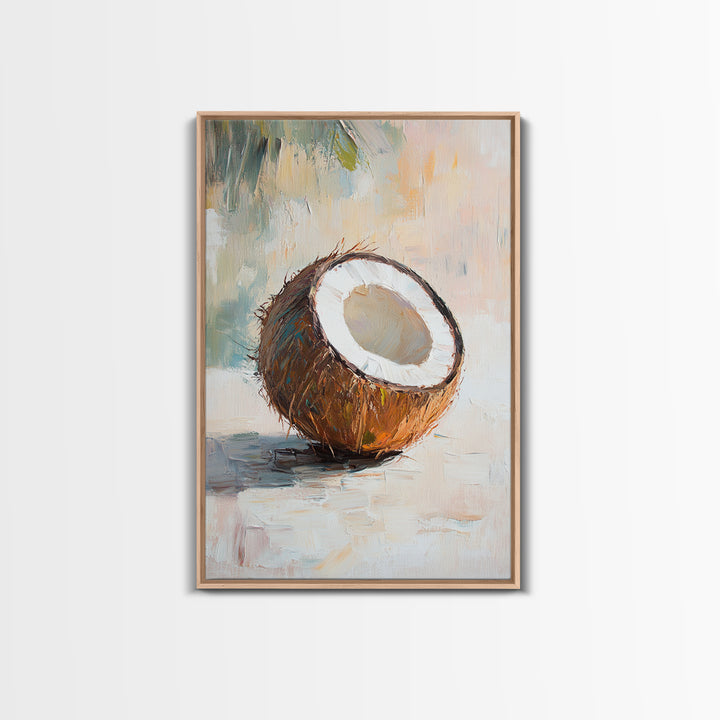 Split Coconut Still Life Canvas Print, Tropical Kitchen Wall Art, Coastal Home Decor, Food Art Print, Rustic Beach House Gift