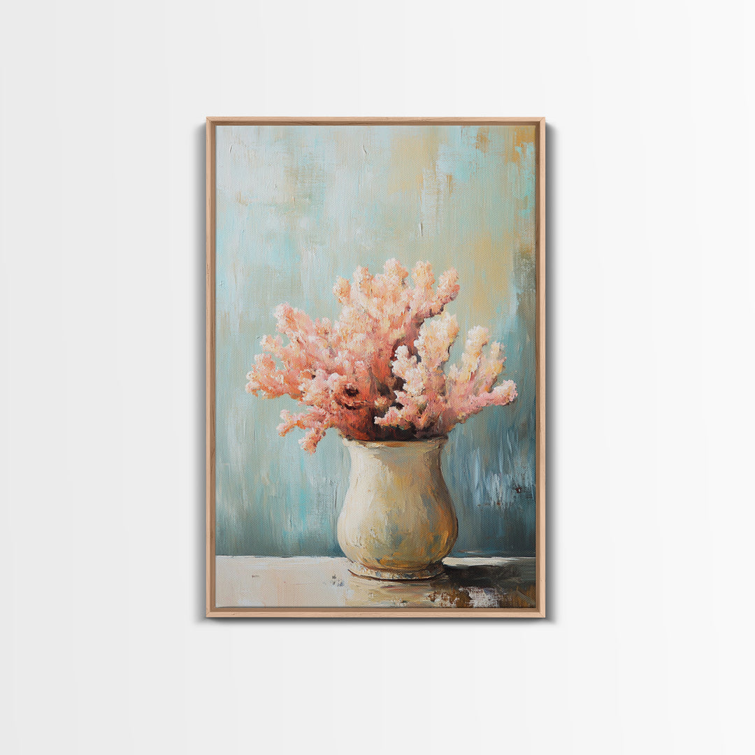 Pink Coral Still Life In Ceramic Vase, Framed Canvas Print, Coastal Wall Art, Beach House Decor, Soft Pastel Home Decor Gift