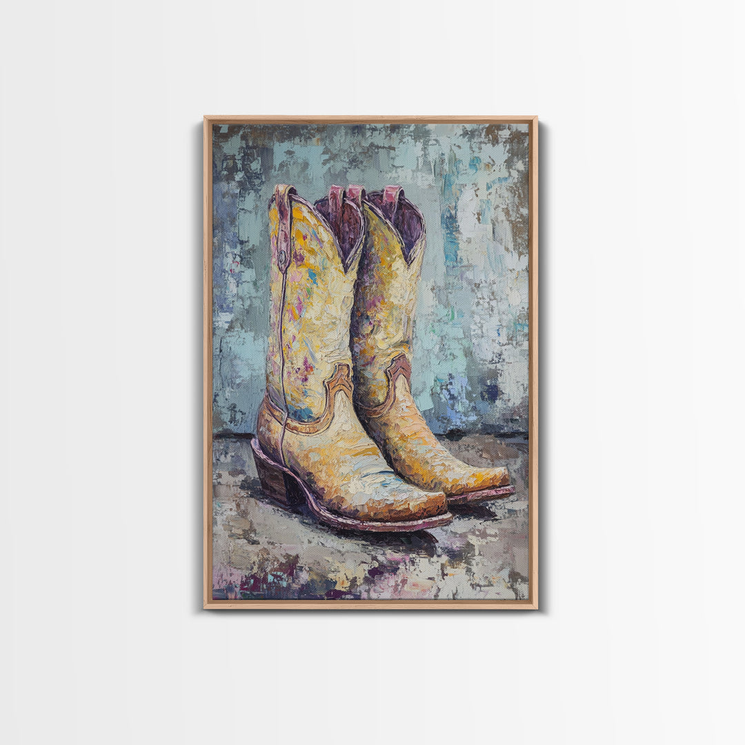 Yellow Cowboy Boots Oil Painting, Canvas Print, Western Wall Art, Cowgirl Decor, Rodeo Housewarming Gift, Rustic Home Decor