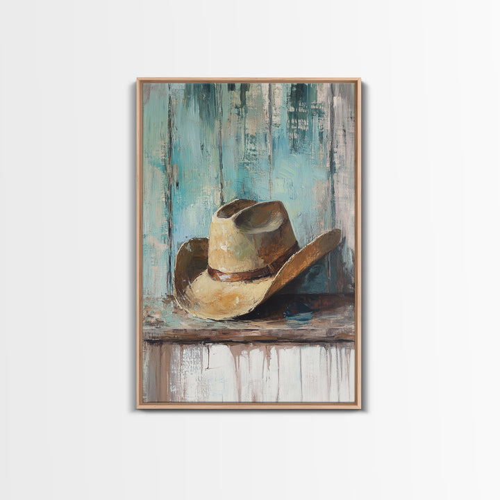 Worn Cowboy Hat On Weathered Shelf, Framed Canvas Print, Western Wall Art, Rustic Ranch Decor, Gift For Him, Man Cave Decor