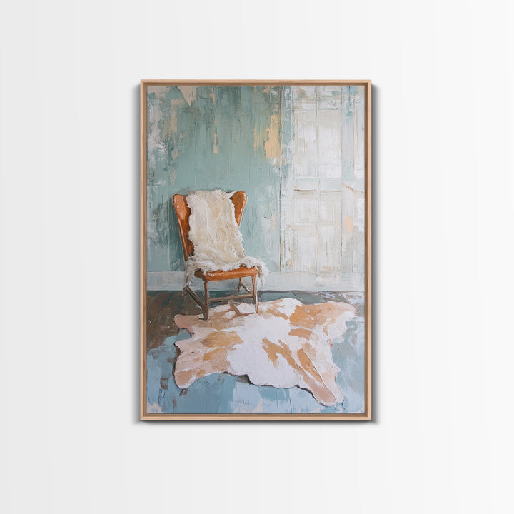 Leather Chair And Cowhide Rug Interior, Canvas Print, Rustic Wall Art, Western Home Decor, Neutral Living Room Wall Art Print