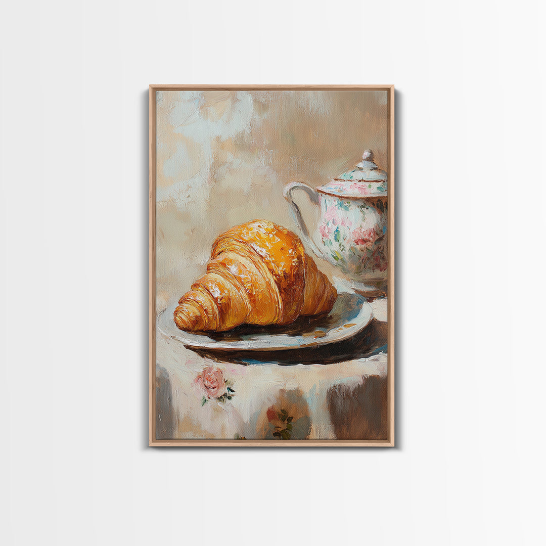 Golden Croissant And Floral Teapot Framed Canvas Print, French Bakery Wall Art, Kitchen Decor, Cafe Art Print, Foodie Gift