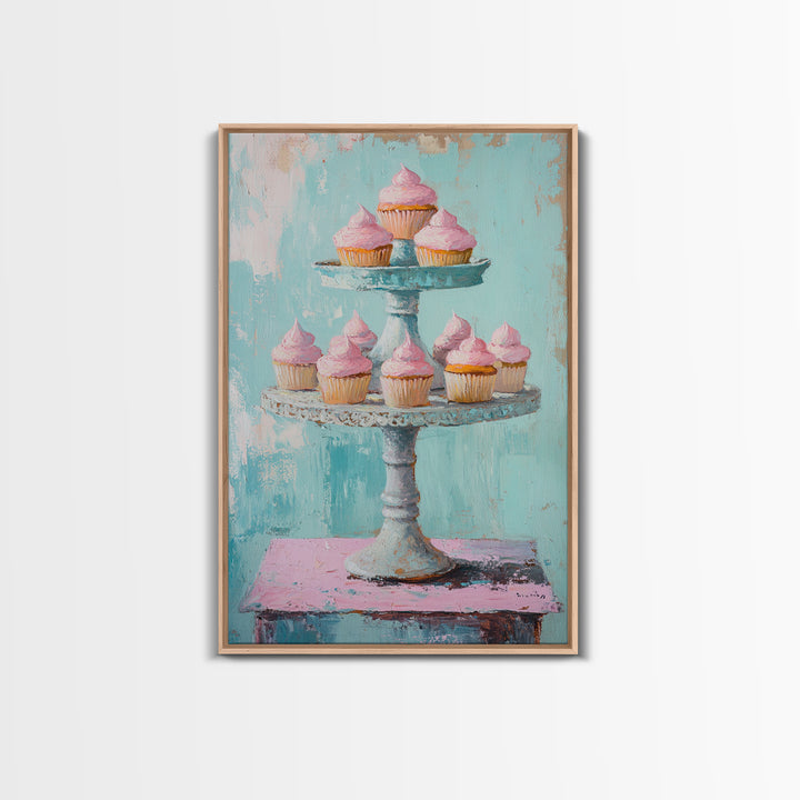 Pink Cupcakes On Tiered Stand Canvas Print, Cute Bakery Wall Art, Girls Room Decor, Dessert Art, Kitchen Decor Gift, Home Decor
