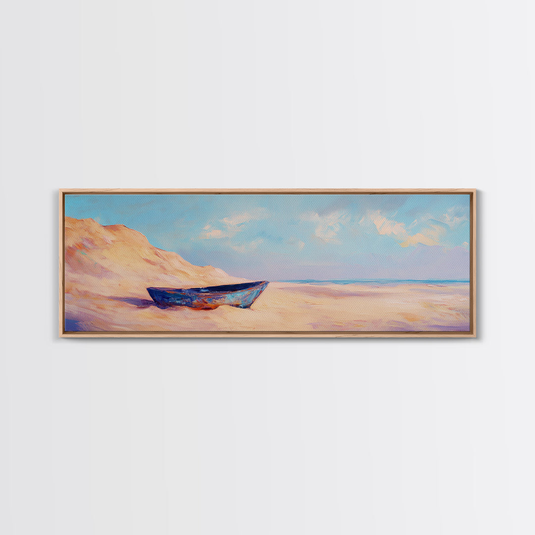 Blue Boat On Sandy Beach Wall Art, Coastal Landscape Painting, Ocean Wall Decor, Beach House Decor, Nautical Print, Summer Home Decor