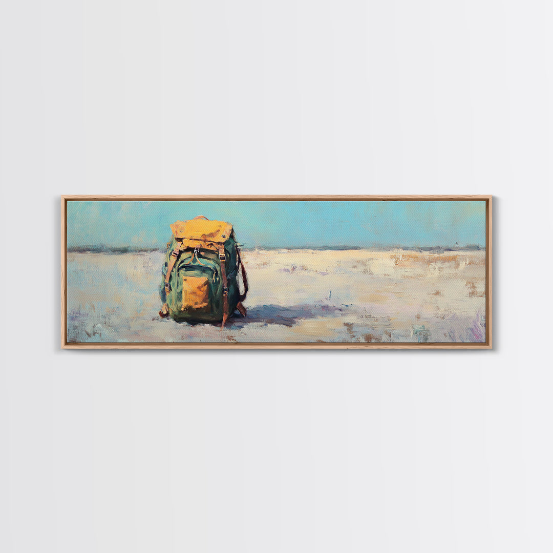 Lonely Backpack On Beach Canvas Print, Minimalist Coastal Landscape Art, Travel Wall Decor, Adventure Gift For Him, Office Decor
