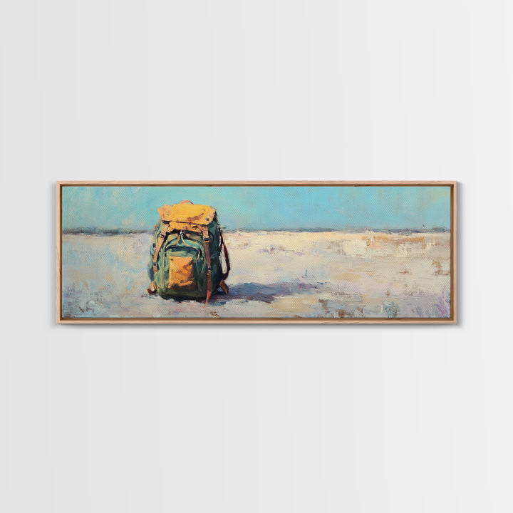 Lonely Backpack On Beach Canvas Print, Minimalist Coastal Landscape Art, Travel Wall Decor, Adventure Gift For Him, Office Decor