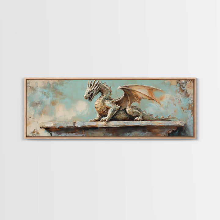 Textured Stone Dragon Framed Canvas Print, Fantasy Wall Art, Gothic Medieval Decor, Mythical Creature Gift For Gamer Room Decor