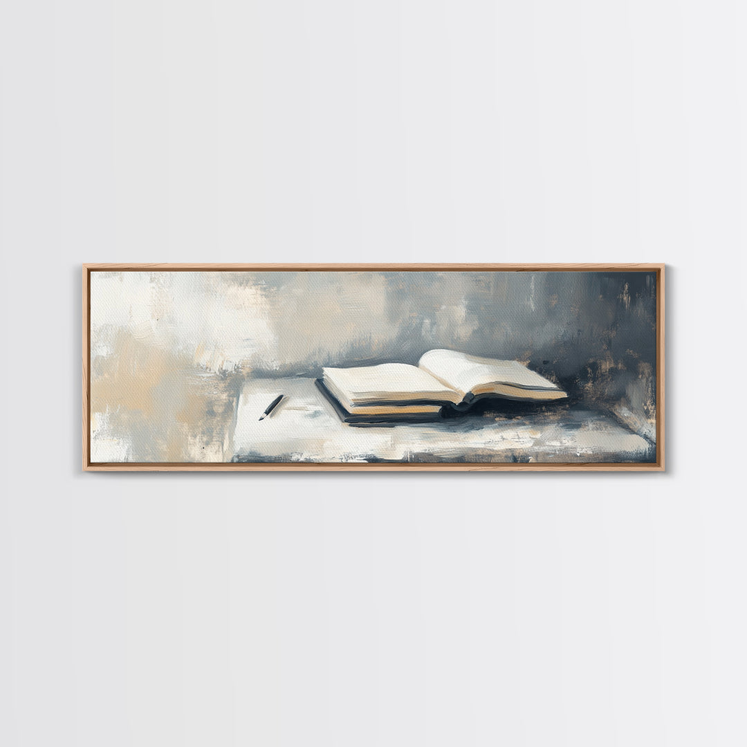 Open Book And Pen Wall Art, Minimalist Literary Canvas Print, Neutral Office Decor, Library Reading Nook Gift For Her, Home Decor
