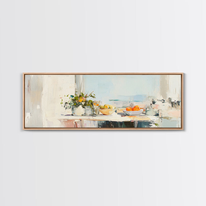 Sunlit Kitchen Counter With Flowers Wall Art, Fruit Still Life Canvas Print, Modern Farmhouse Dining Room Home Decor, Wall Decor