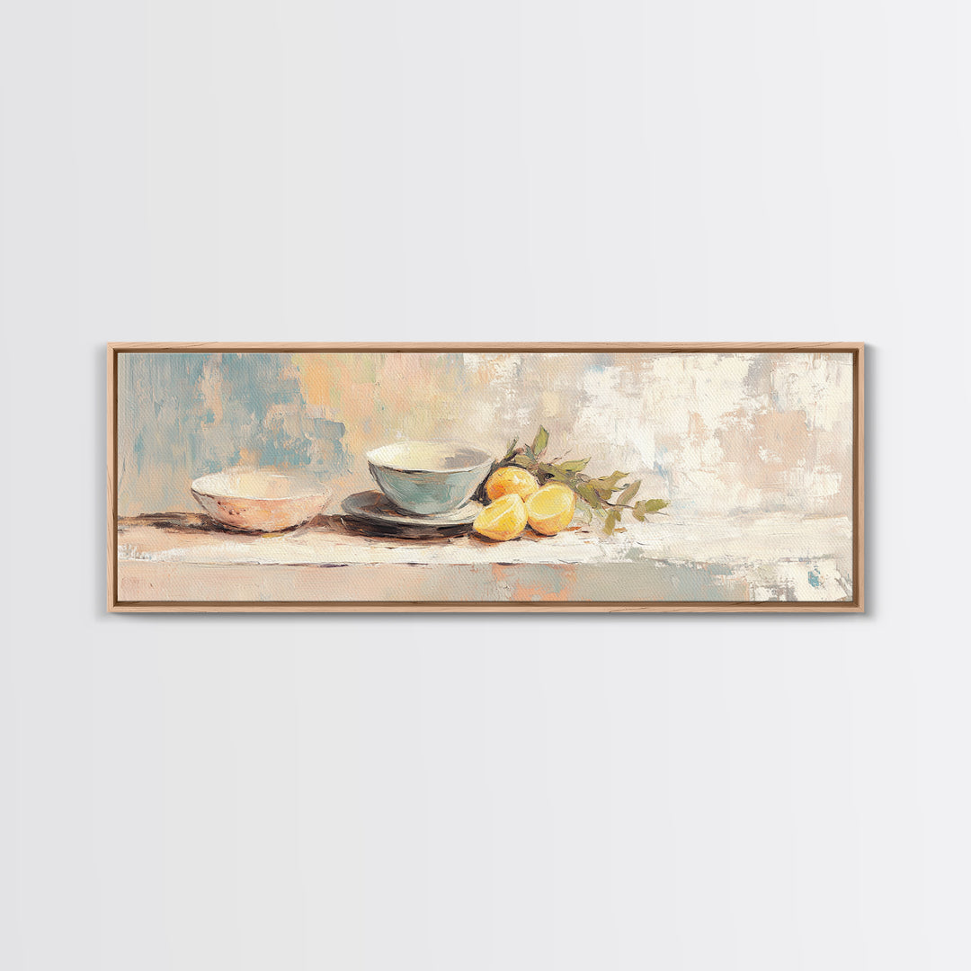 Blue Bowls And Lemons Still Life Canvas Print, Modern Kitchen Wall Art, Food Decor, Citrus Painting, Home Decor, Housewarming Gift