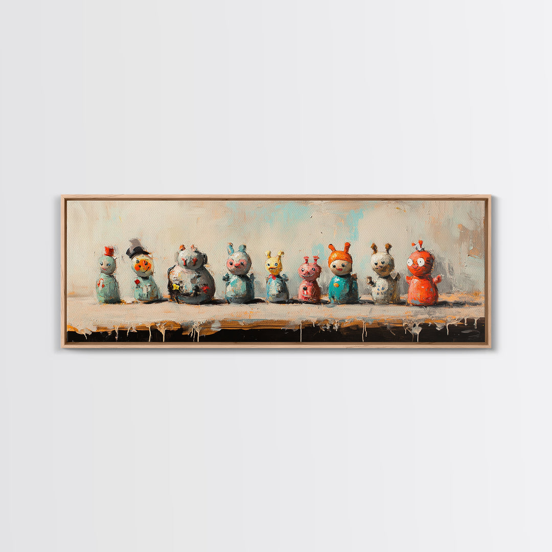 Whimsical Monster Figurines Wall Art, Quirky Kids Room Decor, Playroom Art Print, Colorful Eclectic Nursery Canvas Print