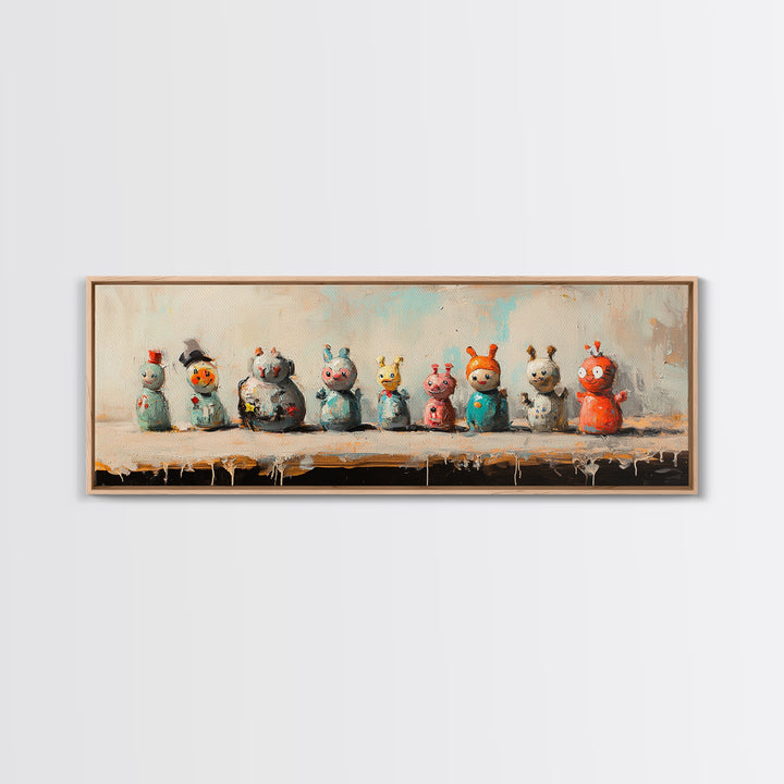 Whimsical Monster Figurines Wall Art, Quirky Kids Room Decor, Playroom Art Print, Colorful Eclectic Nursery Canvas Print