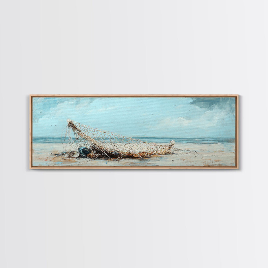 Weathered Fishing Net On Beach Canvas Print, Coastal Wall Art, Nautical Decor, Seascape Painting, Beach House Rustic Home Decor Gift