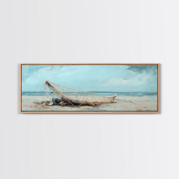 Weathered Fishing Net On Beach Canvas Print, Coastal Wall Art, Nautical Decor, Seascape Painting, Beach House Rustic Home Decor Gift