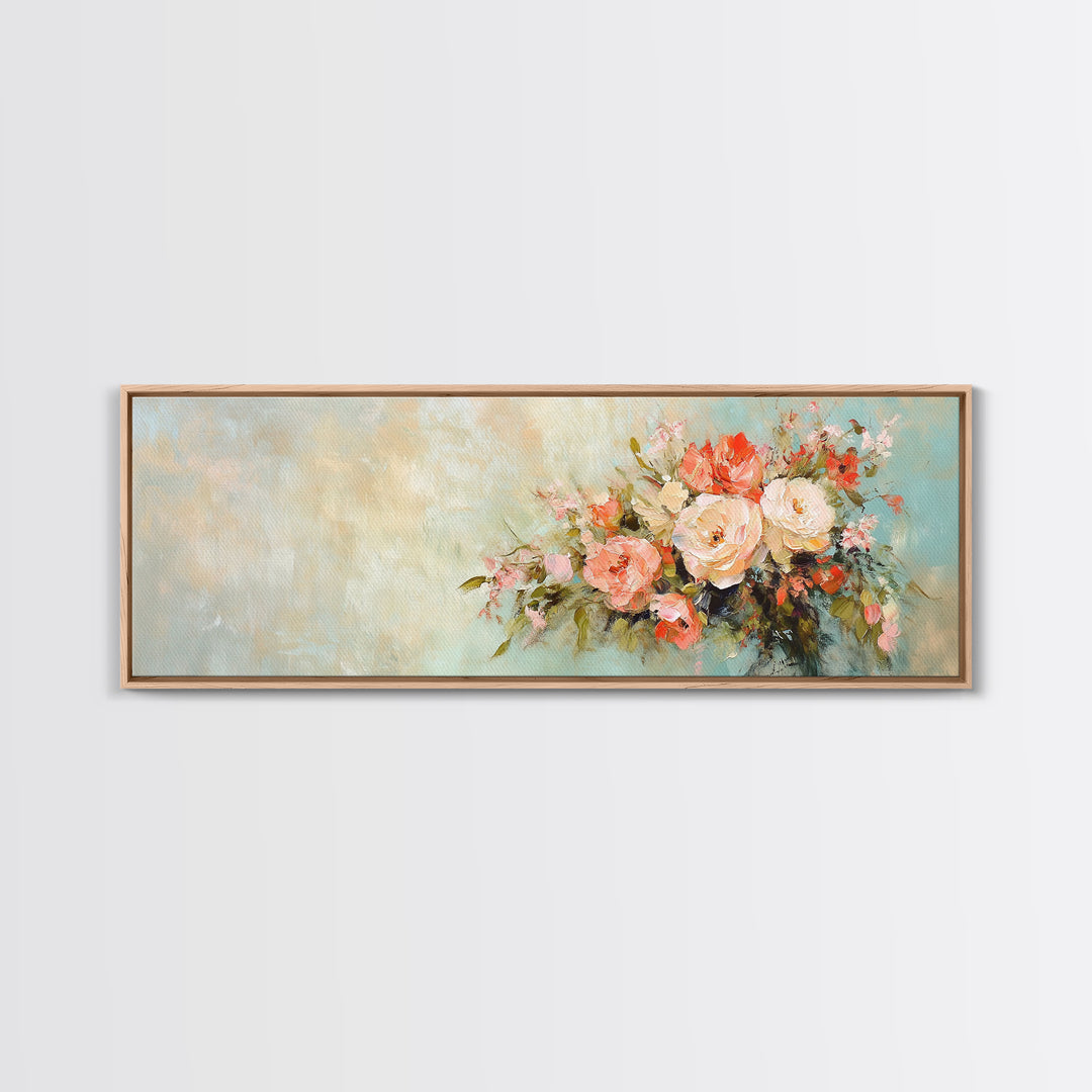 Romantic Peach Rose Bouquet Framed Canvas Print, Floral Wall Art For Bedroom Decor Living Room Decor And Housewarming Gift For Her