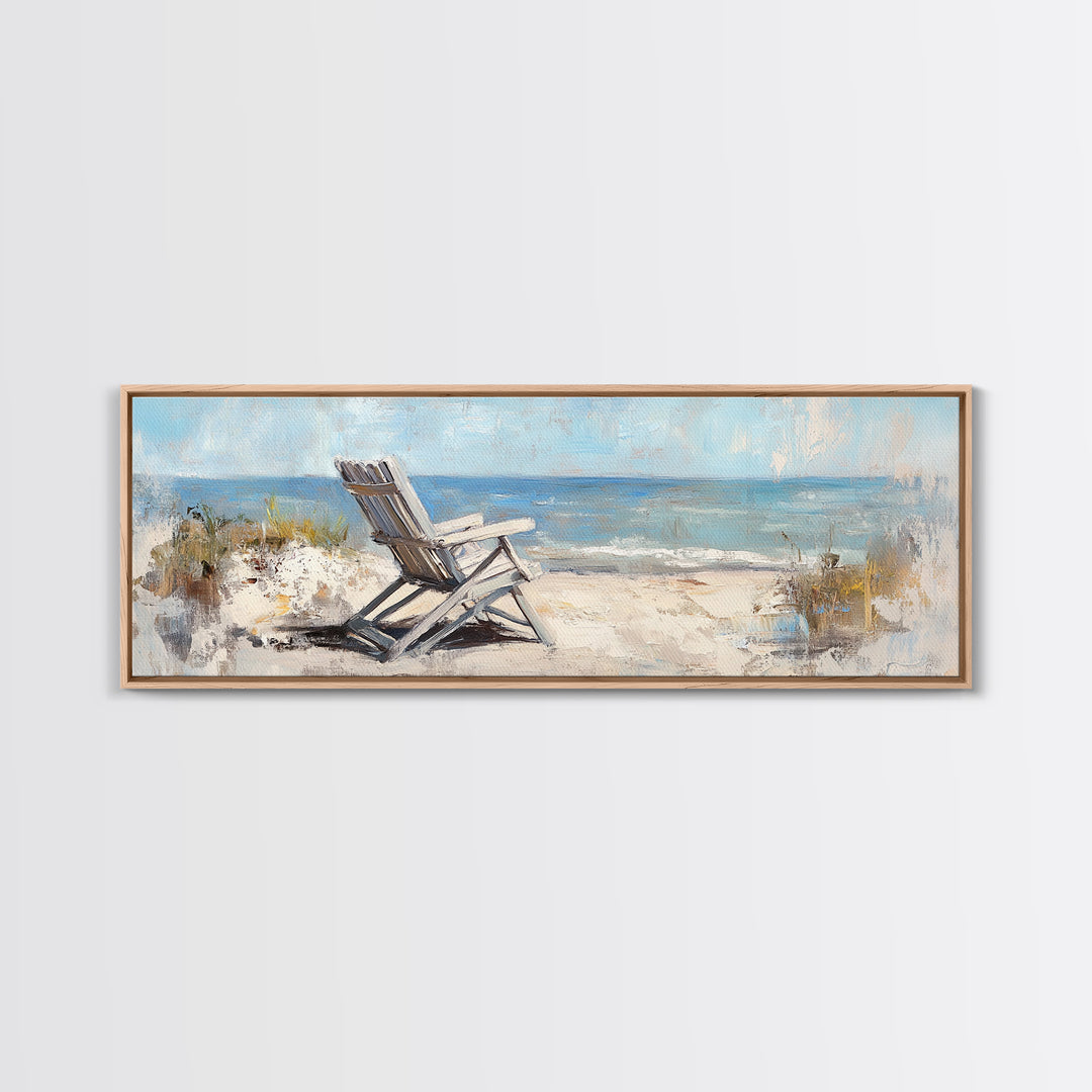 White Beach Chair Ocean View Framed Canvas Print, Coastal Wall Art For Beach House Decor Living Room Decor And Housewarming Gift