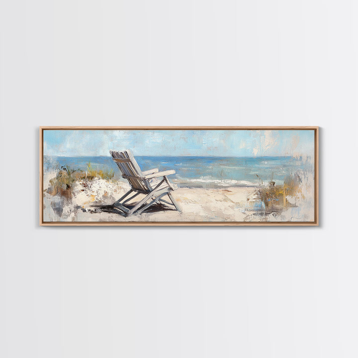 White Beach Chair Ocean View Framed Canvas Print, Coastal Wall Art For Beach House Decor Living Room Decor And Housewarming Gift
