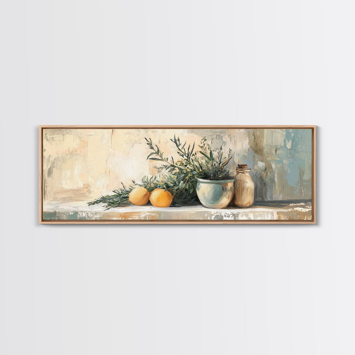Olive Branch And Citrus Still Life Wall Art, Rustic Kitchen Canvas Print, Farmhouse Country Decor, Mediterranean Art Print